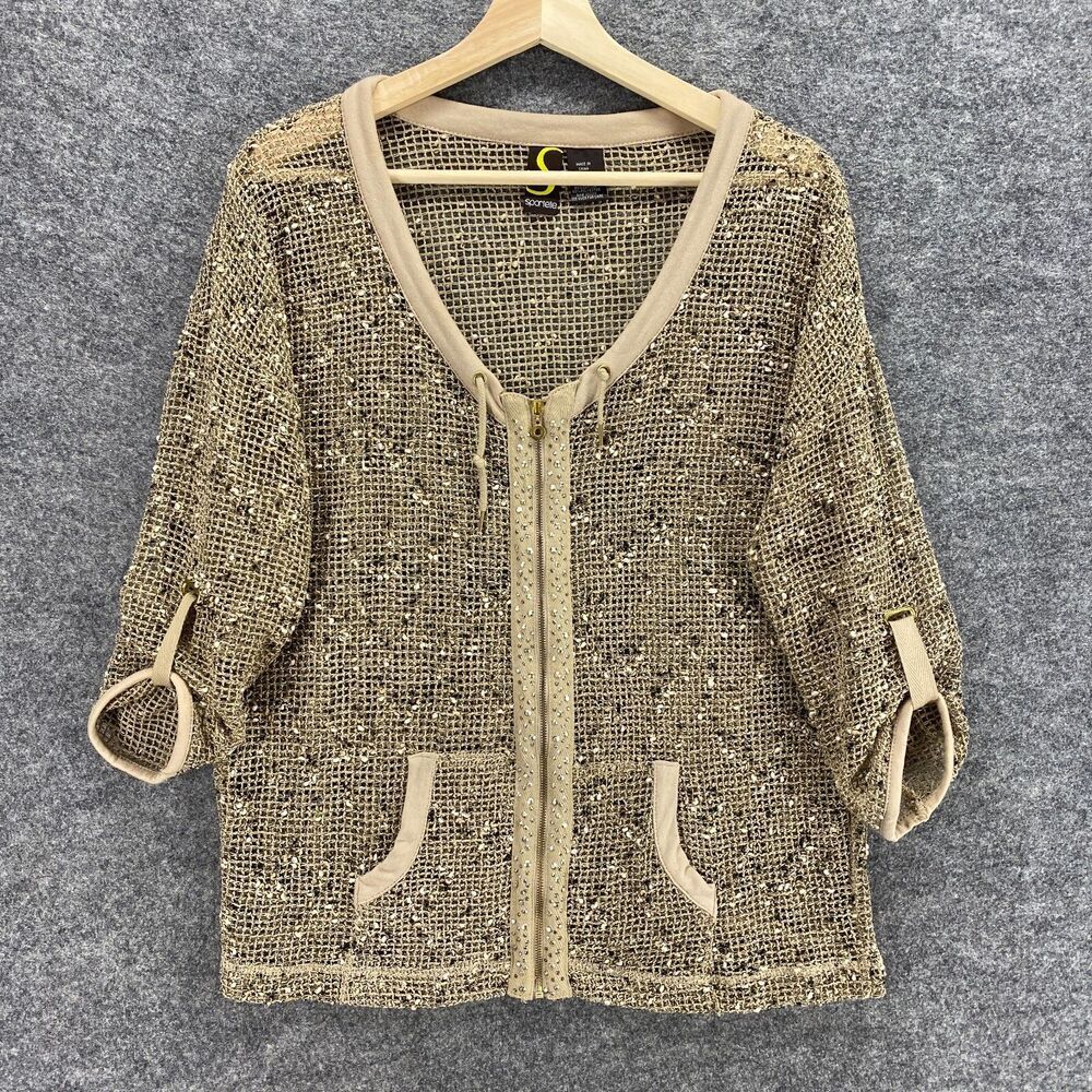 Sportelle Top Women S Small Brown Crochet Full Zip 3/4 Sleeve